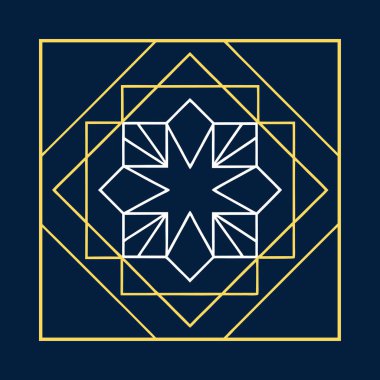 Kare ve eşkenar dörtgen şeklinde karmaşık filigran çizgileri içeren zarif bir geometrik Art Deco logosu. Lüks markalaşma için idealdir, bu süs simgesi koyu bir arka planda göze çarpar.