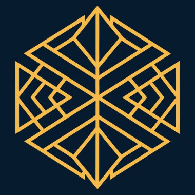 Kare ve eşkenar dörtgen şeklinde karmaşık filigran çizgileri içeren zarif bir geometrik Art Deco logosu. Lüks markalaşma için idealdir, bu süs simgesi koyu bir arka planda göze çarpar.