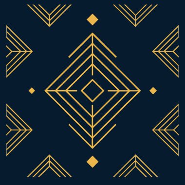 Kare ve eşkenar dörtgen şeklinde karmaşık filigran çizgileri içeren zarif bir geometrik Art Deco logosu. Lüks markalaşma için idealdir, bu süs simgesi koyu bir arka planda göze çarpar.