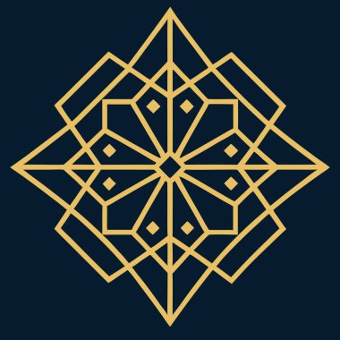 Kare ve eşkenar dörtgen şeklinde karmaşık filigran çizgileri içeren zarif bir geometrik Art Deco logosu. Lüks markalaşma için idealdir, bu süs simgesi koyu bir arka planda göze çarpar.