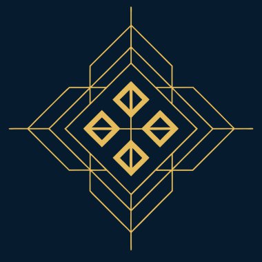 Kare ve eşkenar dörtgen şeklinde karmaşık filigran çizgileri içeren zarif bir geometrik Art Deco logosu. Lüks markalaşma için idealdir, bu süs simgesi koyu bir arka planda göze çarpar.