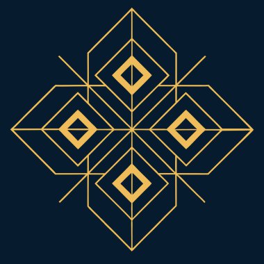 Kare ve eşkenar dörtgen şeklinde karmaşık filigran çizgileri içeren zarif bir geometrik Art Deco logosu. Lüks markalaşma için idealdir, bu süs simgesi koyu bir arka planda göze çarpar.