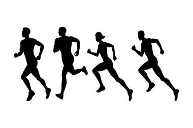 Koşan insanların dinamik siluetleri, fitness temalı tasarımlar, aktif yaşam tarzı projeleri ve sporla ilgili grafikler, enerji ve hareketi minimalist tarzda aktarmak için mükemmel..