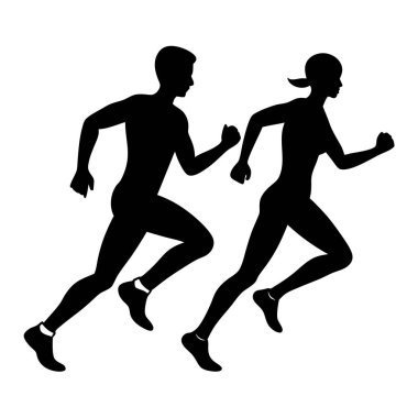 Koşan insanların dinamik siluetleri, fitness temalı tasarımlar, aktif yaşam tarzı projeleri ve sporla ilgili grafikler, enerji ve hareketi minimalist tarzda aktarmak için mükemmel..