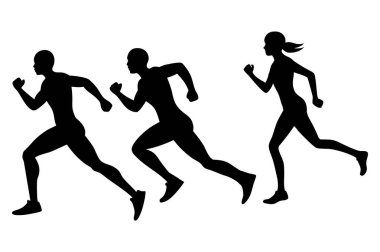 Koşan insanların dinamik siluetleri, fitness temalı tasarımlar, aktif yaşam tarzı projeleri ve sporla ilgili grafikler, enerji ve hareketi minimalist tarzda aktarmak için mükemmel..