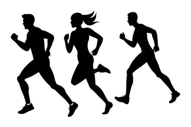 Koşan insanların dinamik siluetleri, fitness temalı tasarımlar, aktif yaşam tarzı projeleri ve sporla ilgili grafikler, enerji ve hareketi minimalist tarzda aktarmak için mükemmel..