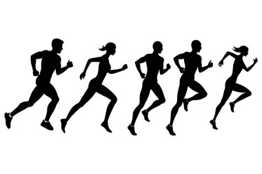 Koşan insanların dinamik siluetleri, fitness temalı tasarımlar, aktif yaşam tarzı projeleri ve sporla ilgili grafikler, enerji ve hareketi minimalist tarzda aktarmak için mükemmel..