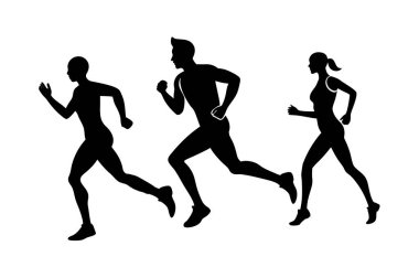 Koşan insanların dinamik siluetleri, fitness temalı tasarımlar, aktif yaşam tarzı projeleri ve sporla ilgili grafikler, enerji ve hareketi minimalist tarzda aktarmak için mükemmel..