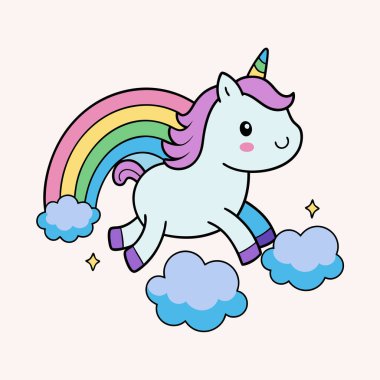 Gökkuşağı renklerine sahip sevimli tek boynuzlu at vektörü çocuk sanatı ve boyama projeleri için mükemmel. Bu sevimli illüstrasyon herhangi bir çocuk dekoruna ya da yaratıcı aktivitesine sihirli ve renkli bir dokunuş ekler..