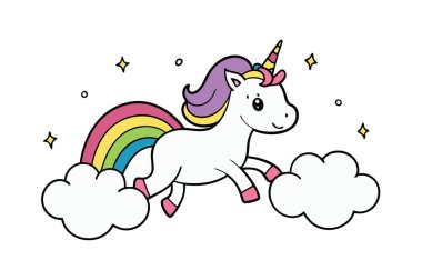 Gökkuşağı renklerine sahip sevimli tek boynuzlu at vektörü çocuk sanatı ve boyama projeleri için mükemmel. Bu sevimli illüstrasyon herhangi bir çocuk dekoruna ya da yaratıcı aktivitesine sihirli ve renkli bir dokunuş ekler..