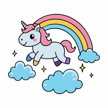 Gökkuşağı renklerine sahip sevimli tek boynuzlu at vektörü çocuk sanatı ve boyama projeleri için mükemmel. Bu sevimli illüstrasyon herhangi bir çocuk dekoruna ya da yaratıcı aktivitesine sihirli ve renkli bir dokunuş ekler..
