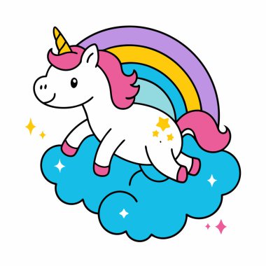 Gökkuşağı renklerine sahip sevimli tek boynuzlu at vektörü çocuk sanatı ve boyama projeleri için mükemmel. Bu sevimli illüstrasyon herhangi bir çocuk dekoruna ya da yaratıcı aktivitesine sihirli ve renkli bir dokunuş ekler..