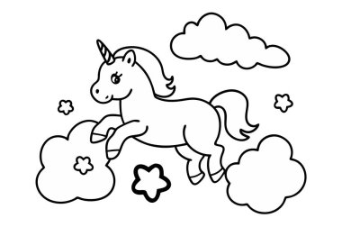 Gökkuşağı renklerine sahip sevimli tek boynuzlu at vektörü çocuk sanatı ve boyama projeleri için mükemmel. Bu sevimli illüstrasyon herhangi bir çocuk dekoruna ya da yaratıcı aktivitesine sihirli ve renkli bir dokunuş ekler..