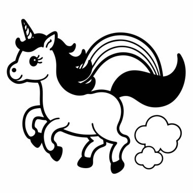 Gökkuşağı renklerine sahip sevimli tek boynuzlu at vektörü çocuk sanatı ve boyama projeleri için mükemmel. Bu sevimli illüstrasyon herhangi bir çocuk dekoruna ya da yaratıcı aktivitesine sihirli ve renkli bir dokunuş ekler..