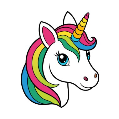 Büyüleyici tek boynuzlu at baş vektör çizimi. Sihirli ve fantezi temalı tasarımlar için ideal. Çocuk projeleri, çıkartmalar, logolar ya da tuhaf bir dokunuşla büyüleyici dekorlar için mükemmel..