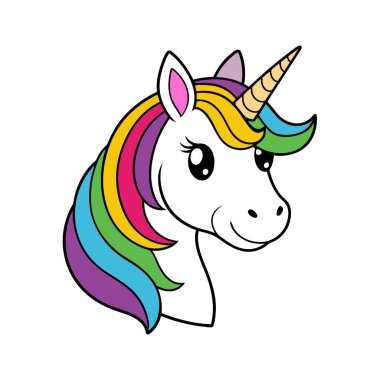 Büyüleyici tek boynuzlu at baş vektör çizimi. Sihirli ve fantezi temalı tasarımlar için ideal. Çocuk projeleri, çıkartmalar, logolar ya da tuhaf bir dokunuşla büyüleyici dekorlar için mükemmel..