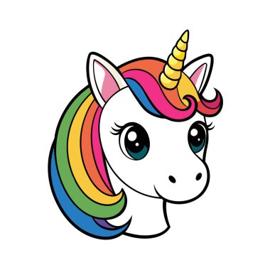 Büyüleyici tek boynuzlu at baş vektör çizimi. Sihirli ve fantezi temalı tasarımlar için ideal. Çocuk projeleri, çıkartmalar, logolar ya da tuhaf bir dokunuşla büyüleyici dekorlar için mükemmel..