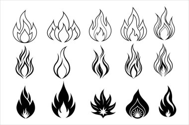 Vektör formatında çok yönlü ateş simgeleri. Alev, ısı ve enerji sembollerine ihtiyaç duyan tasarımlar için mükemmel. Güvenlik, tehlike veya doğayla ilgili projeler için ideal.