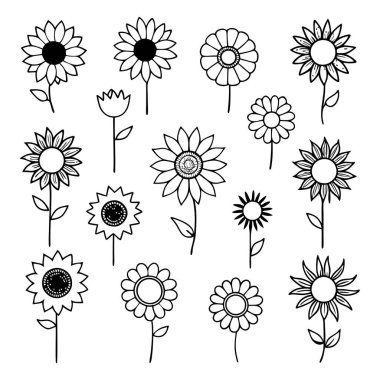 Projelerinize bu çizgili ayçiçeği vektör kümesi ile zarafet ekleyin. Çiçek tasarımları, desenler, dekor ve dijital sanat eserleri için mükemmel. Minimalizmi doğal güzellikle harmanlamak..
