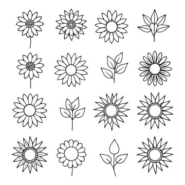 Projelerinize bu çizgili ayçiçeği vektör kümesi ile zarafet ekleyin. Çiçek tasarımları, desenler, dekor ve dijital sanat eserleri için mükemmel. Minimalizmi doğal güzellikle harmanlamak..