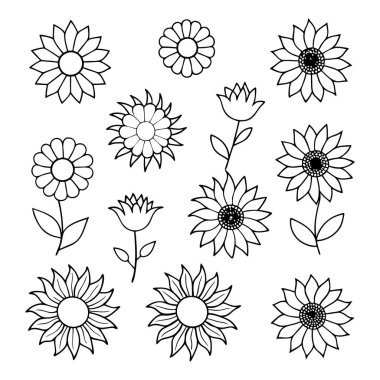 Projelerinize bu çizgili ayçiçeği vektör kümesi ile zarafet ekleyin. Çiçek tasarımları, desenler, dekor ve dijital sanat eserleri için mükemmel. Minimalizmi doğal güzellikle harmanlamak..