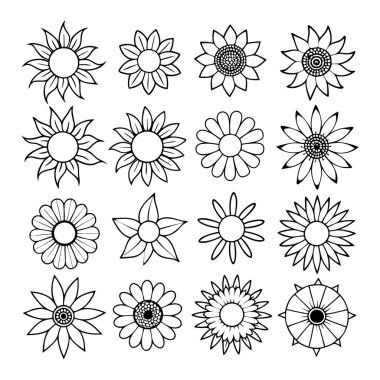 Projelerinize bu çizgili ayçiçeği vektör kümesi ile zarafet ekleyin. Çiçek tasarımları, desenler, dekor ve dijital sanat eserleri için mükemmel. Minimalizmi doğal güzellikle harmanlamak..