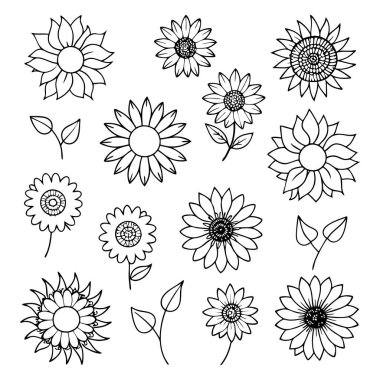 Projelerinize bu çizgili ayçiçeği vektör kümesi ile zarafet ekleyin. Çiçek tasarımları, desenler, dekor ve dijital sanat eserleri için mükemmel. Minimalizmi doğal güzellikle harmanlamak..