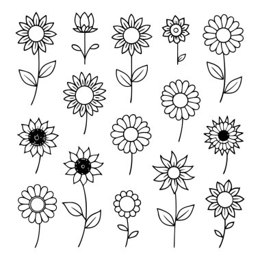 Projelerinize bu çizgili ayçiçeği vektör kümesi ile zarafet ekleyin. Çiçek tasarımları, desenler, dekor ve dijital sanat eserleri için mükemmel. Minimalizmi doğal güzellikle harmanlamak..
