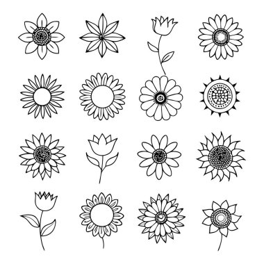 Projelerinize bu çizgili ayçiçeği vektör kümesi ile zarafet ekleyin. Çiçek tasarımları, desenler, dekor ve dijital sanat eserleri için mükemmel. Minimalizmi doğal güzellikle harmanlamak..