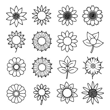 Projelerinize bu çizgili ayçiçeği vektör kümesi ile zarafet ekleyin. Çiçek tasarımları, desenler, dekor ve dijital sanat eserleri için mükemmel. Minimalizmi doğal güzellikle harmanlamak..