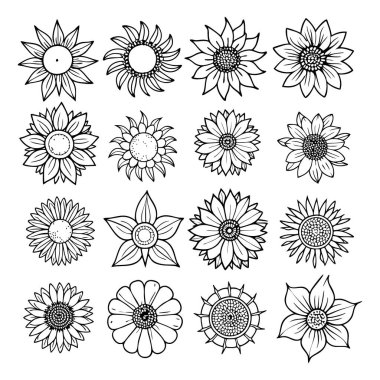 Projelerinize bu çizgili ayçiçeği vektör kümesi ile zarafet ekleyin. Çiçek tasarımları, desenler, dekor ve dijital sanat eserleri için mükemmel. Minimalizmi doğal güzellikle harmanlamak..