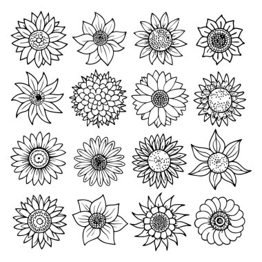 Projelerinize bu çizgili ayçiçeği vektör kümesi ile zarafet ekleyin. Çiçek tasarımları, desenler, dekor ve dijital sanat eserleri için mükemmel. Minimalizmi doğal güzellikle harmanlamak..