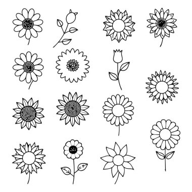 Projelerinize bu çizgili ayçiçeği vektör kümesi ile zarafet ekleyin. Çiçek tasarımları, desenler, dekor ve dijital sanat eserleri için mükemmel. Minimalizmi doğal güzellikle harmanlamak..