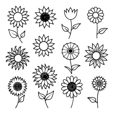 Projelerinize bu çizgili ayçiçeği vektör kümesi ile zarafet ekleyin. Çiçek tasarımları, desenler, dekor ve dijital sanat eserleri için mükemmel. Minimalizmi doğal güzellikle harmanlamak..