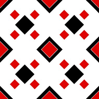 Beyaz arka planda siyah ve kırmızı kareleri olan modaya uygun geometrik, pürüzsüz bir model. Moda tekstil ürünleri, kumaş baskıları, web sitesi şablonları ya da modern grafik tasarımları için mükemmel.