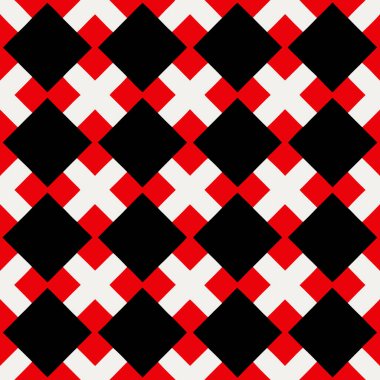 Beyaz arka planda siyah ve kırmızı kareleri olan modaya uygun geometrik, pürüzsüz bir model. Moda tekstil ürünleri, kumaş baskıları, web sitesi şablonları ya da modern grafik tasarımları için mükemmel.