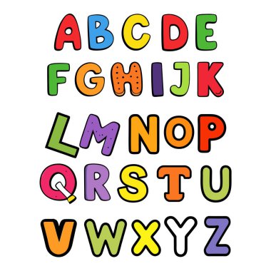 funny colorful cartoon alphabet poster featuring rounded bold letters in rainbow colors with a black outline. perfect for kids' birthday cards, baby showers, or as an educational nursery print.