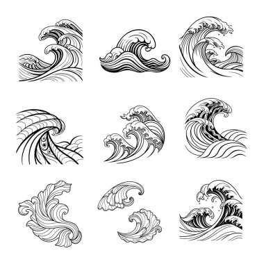 Siyah beyaz çizgili zarif soyut dalgalar, duvar kâğıdı ve duvar tasarımı için mükemmel. Bu çok yönlü set herhangi bir alan veya yaratıcı projeye modern ve sanatsal bir dokunuş ekler.