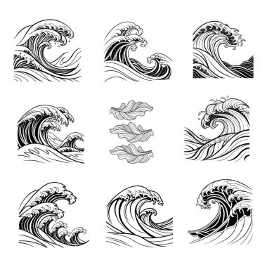 Siyah beyaz çizgili zarif soyut dalgalar, duvar kâğıdı ve duvar tasarımı için mükemmel. Bu çok yönlü set herhangi bir alan veya yaratıcı projeye modern ve sanatsal bir dokunuş ekler.