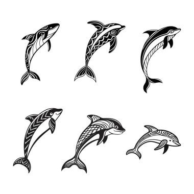 Canlı bir yunus vektörü seti. İçinde eğlenceli deniz yaşamı çizimleri var. Dijital tasarımlar, okyanus temalı projeler ve tropikal ve suda yaşayan yaratıcı sanat eserleri için mükemmel..