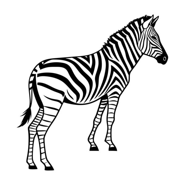 Гладкий чёрный вектор зебры на сплошном белом фоне. Перфект для дизайна, логотипов, принтов и цифрового искусства, посвященного дикой природе. Минимализм и универсальность для творческих проектов.