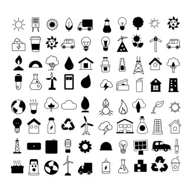 Sürdürülebilirlik, geri dönüşüm, yenilenebilir enerji ve çevre dostu uygulamaları destekleyen çevresel koruma ikonlarının toplanması. Yeşil projeler, web siteleri ve kampanyalar için ideal.