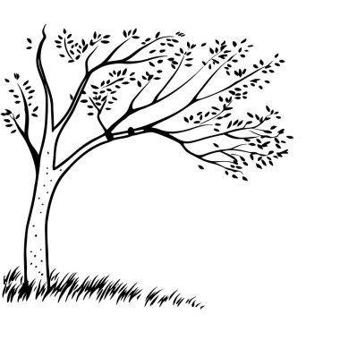 Minimalist tarzda ıssız bir ağaç silueti. Modern dekorlar, posterler ve dijital sanat koleksiyonları için mükemmel monokrom doğa çizimi.