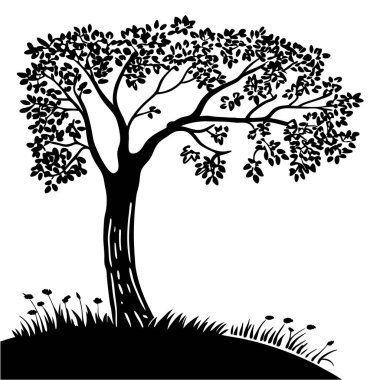 Minimalist tarzda ıssız bir ağaç silueti. Modern dekorlar, posterler ve dijital sanat koleksiyonları için mükemmel monokrom doğa çizimi.