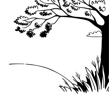 Minimalist tarzda ıssız bir ağaç silueti. Modern dekorlar, posterler ve dijital sanat koleksiyonları için mükemmel monokrom doğa çizimi.