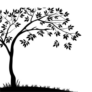 Minimalist tarzda ıssız bir ağaç silueti. Modern dekorlar, posterler ve dijital sanat koleksiyonları için mükemmel monokrom doğa çizimi.