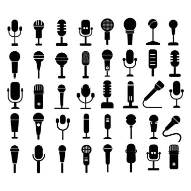 Yüksek kaliteli mikrofon siluetleri seti. Müzik, podcast, ses ve ses tasarım projeleri için mükemmel. Tam ölçeklenebilir ve yazdırmaya veya web kullanımına hazır.