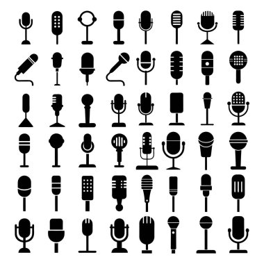Yüksek kaliteli mikrofon siluetleri seti. Müzik, podcast, ses ve ses tasarım projeleri için mükemmel. Tam ölçeklenebilir ve yazdırmaya veya web kullanımına hazır.