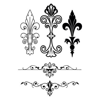 Beyaz arkaplanda Barok tarzı kaligrafi süslemelerinin zarif vektör seti. Klasik tasarımlar, davetiyeler, logolar ve dekoratif projeler için mükemmel..
