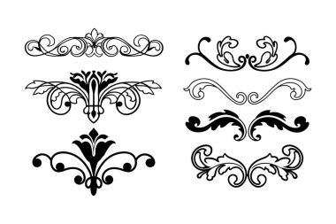 Beyaz arkaplanda Barok tarzı kaligrafi süslemelerinin zarif vektör seti. Klasik tasarımlar, davetiyeler, logolar ve dekoratif projeler için mükemmel..